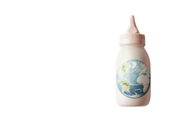 Eco-friendly baby bottle with Earth design promoting sustainable and environmentally conscious parenting isolated on transparent background PNG