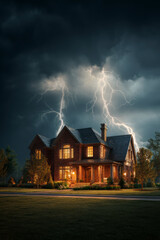Stormy night above a house with lightning strikes illuminating the sky, creating a dramatic scene.