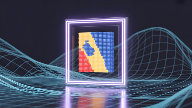 A 3D NFT concept. A glowing, pixelated artwork inside a futuristic floating digital frame
