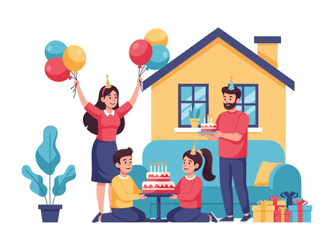 Family Celebration: A joyous family gathers in their cozy home to celebrate a special occasion, balloons and cake. Capturing the warmth, love, and festive atmosphere.