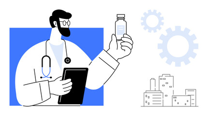 Doctor holding medicine vial and tablet, gears symbolize innovation, urban backdrop represents healthcare system. Ideal for medicine, research, technology, healthcare, modernization, teamwork