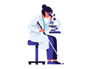 Scientific Discovery: An illustration depicts a female scientist meticulously examining a sample through a microscope, symbolizing innovation in scientific research and experimentation.