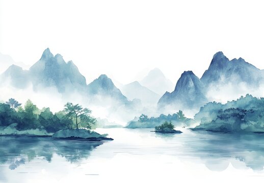 A traditional watercolor-style Chinese landscape painting depicts serene mountains emerging from water with reflections in a misty atmosphere