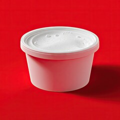 A small, cylindrical, off-white plastic container with a matching lid sits on a vibrant red background; a slightly frothy, white substance is visible within