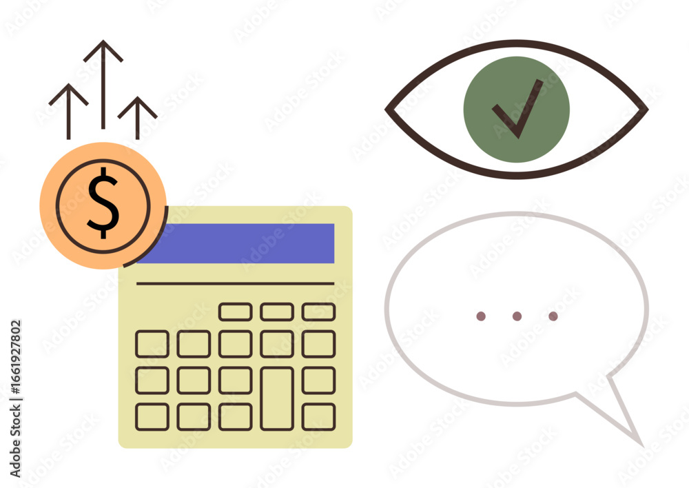 Poster calculator with arrow and coin representing financial growth, eye with checkmark symbolizing approva