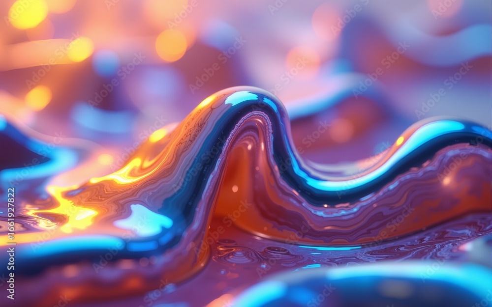 Fototapete abstract iridescent fluid art in motion close up view of colorful metallic waves and curves with dyn