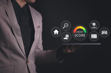 Credit score concept, Person use smartphone with virtual credit score icon for chart with credit history values. Online credit score ranking check. student loan, mortgage and payment cards.