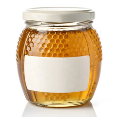 honey glass bottle jar with honeycomb texture white golden lid blank label place where logo and text placemenet area round shape design shiny light background isolated transparent white full dark jam