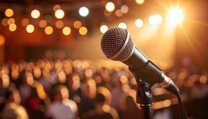 Microphone and Audience: A close-up shot of a microphone on a stand, with a blurred background of a captivated audience, illuminated by stage lights.