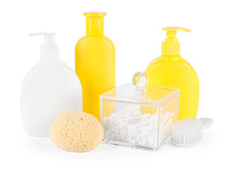Many different baby bathroom necessities isolated on white