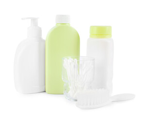 Many different baby bathroom necessities isolated on white
