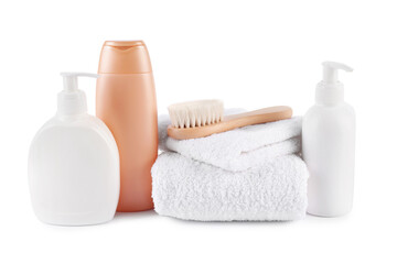 Many different baby bathroom necessities isolated on white