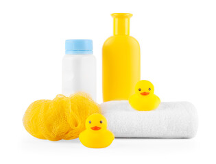 Many different baby bathroom necessities isolated on white