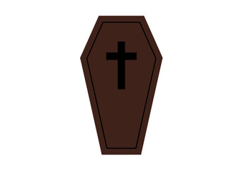 Obraz premium A brown coffin with a black cross symbol is centered against a white background