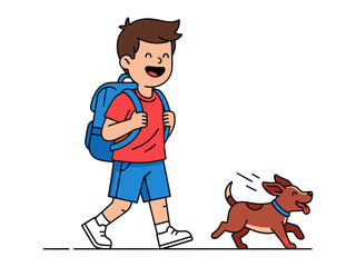 Friendship Stroll: A cheerful boy and his loyal canine companion share a joyful walk, symbolizing the bond of companionship and outdoor adventure.