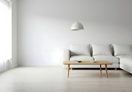 Minimalist modern living room with white sofa and wooden table | Ruang tamu minimalis modern dengan sofa putih dan meja kayu