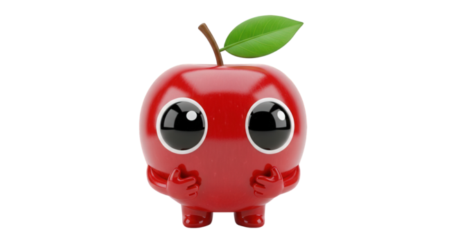A cute, glossy red apple character with large expressive eyes and a green leaf stands on a clean white background.
