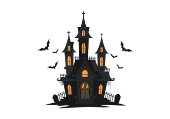 A spooky haunted house with bats flying around and tombstones in the yard