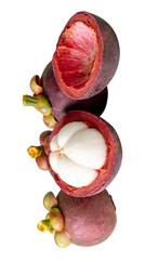 One ripe peeled mangosteen in mangosteen heap isolated with clipping path in png file format