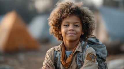 Happy black girl scout smiles proudly during an outdoor camping trip in the wilderness at sunset