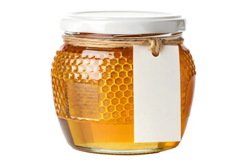 honey glass bottle jar with honeycomb texture white golden lid blank label place where logo and text placemenet area round shape design shiny light background isolated transparent white full dark jam