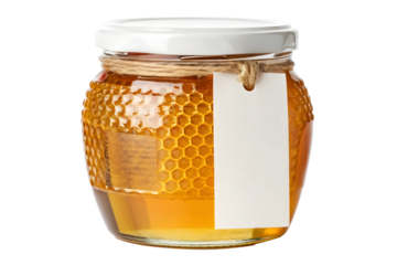 honey glass bottle jar with honeycomb texture white golden lid blank label place where logo and text placemenet area round shape design shiny light background isolated transparent white full dark jam