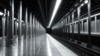 Gleaming Subway Platform: Metallic Pillars and Linear Lighting in Monochrome
