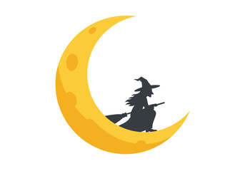 A witch silhouette rides a broomstick across a yellow crescent moon with craters