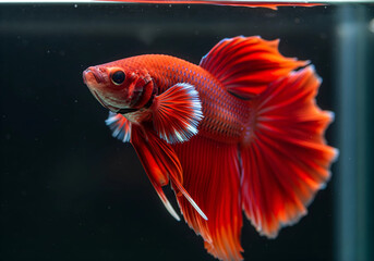 Obraz premium Red Siamese Fighting Fish on Black Background – Dynamic Betta Splendens Photography