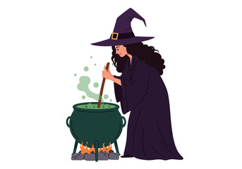 A witch wearing a hat stirs a bubbling cauldron over a fire