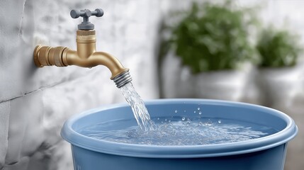 Water flows from faucet into a blue bucket in a well-lit space