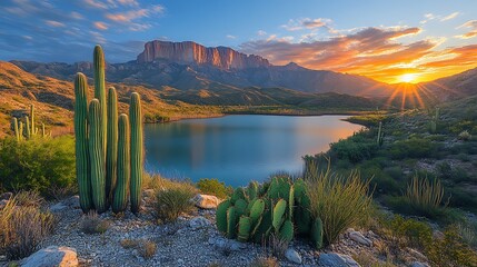 Sunset over desert lake with cacti