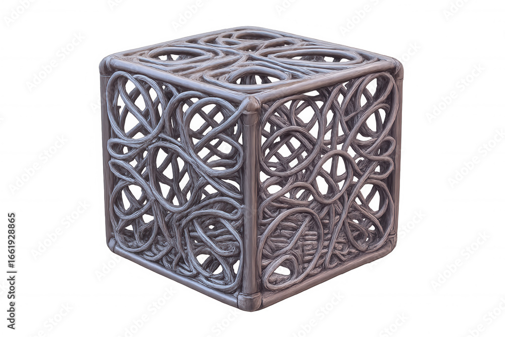 Poster metallic wires interweaving, creating a complex cube structure, isolated on a transparent background