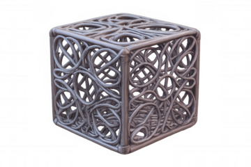 Metallic wires interweaving, creating a complex cube structure, isolated on a transparent background, ideal for design projects