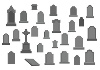 Fototapeta premium Graveyard scene showing various gray headstones including one cross