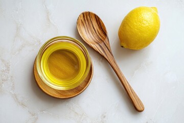 A small glass bowl of yellow oil sits on a wooden coaster next to a whole lemon and a wooden spoon on a marble surface