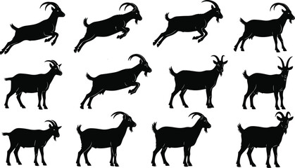 Goat silhouette vector set of farm animals in various poses, jumping, standing, grazing, black goats on white background editable illustration
