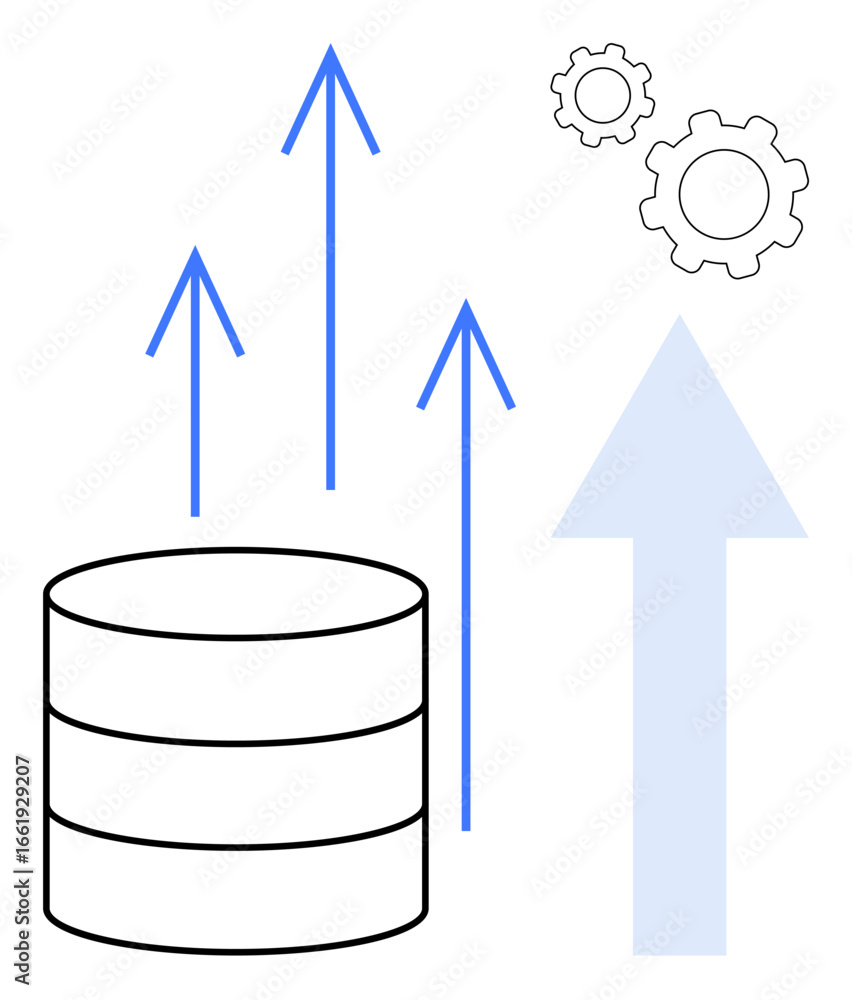 Poster database stack with upward blue arrows indicating growth and scalability. gears symbolize process au