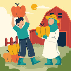 Harvest Helpers: Two individuals collaborate under the golden sun, gathering pumpkins and celebrating the season's bounty near a vibrant red barn and rustic fence, showcasing autumnal harvest.