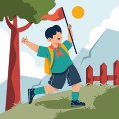A young boy in nature: A cheerful boy explores the outdoors, holding a flag, with mountains and a vibrant sun creating a perfect scene.