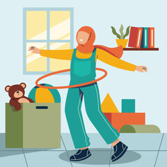 Joyful Hoop Play: A person with a hijab embraces the delight of a playful moment.  Hooping in the cozy confines of the home, surrounded by colorful playthings.