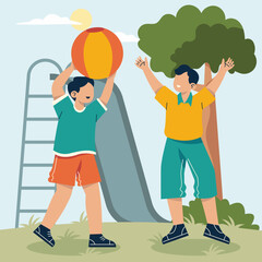 Playground Pals: Capturing the carefree joy of childhood. Two young boys are joyfully engaged in a game with ball in a vibrant playground. The image evokes a sense of friendship, energy.