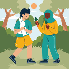 Caring for a Gentle Bunny: A heartwarming illustration showcases two individuals tenderly caring for a fluffy white bunny, offering carrots in a lush, natural environment of the outdoors.
