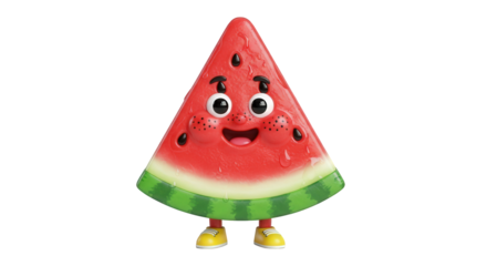 A cheerful, anthropomorphic watermelon slice toy with a smiling face, black seeds, and green rind, standing on yellow shoes.