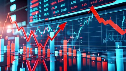Digital stock market financial trading chart with red downward arrows and blue bars in modern interface - Powered by Adobe