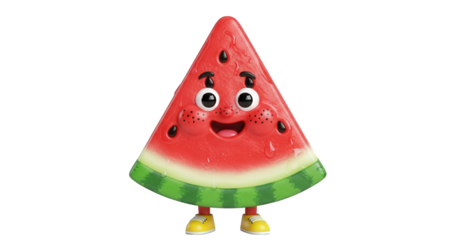 A cheerful, anthropomorphic watermelon slice toy with a smiling face, black seeds, and green rind, standing on yellow shoes.