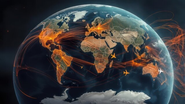 Global Air Traffic Network: Earth with Flight Routes and Airplanes
