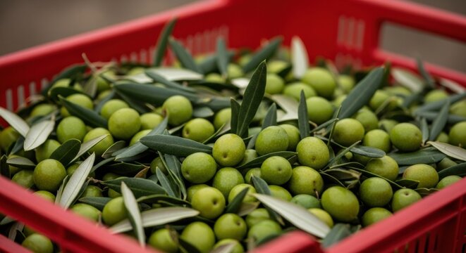 A red harvest crate filled to the brim with freshly picked raw green olives and leaves, capturing the vibrant essence of the Mediterranean olive harvest.
