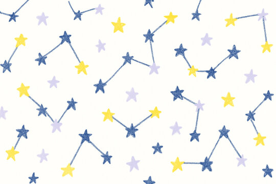 Seamless crayon hand-drawn constellation pattern on white background