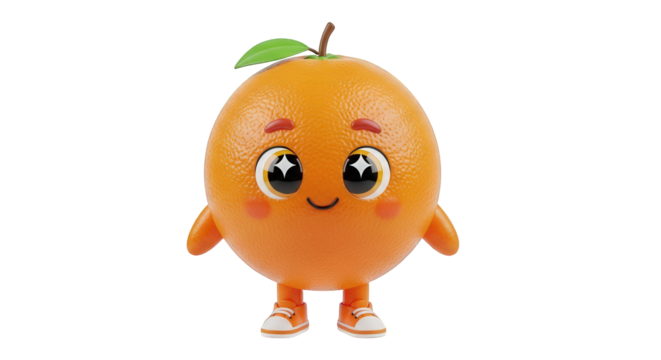 A cute anthropomorphic orange fruit character with a smiling face, big sparkling eyes, and tiny shoes, isolated on a white background. - Powered by Adobe